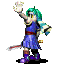 Pixelated character with teal hair and blue dress waves right hand, holding sword and bell, standing on black shadow against gray background.