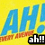 Pixelated image with large blue 'AH!' text on yellow background, smaller orange text below, and black-and-white 'ah!!' in bottom-right corner.