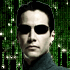 six identical figures with dark hair and sunglasses against a green digital rain background, wearing high-collared dark clothing