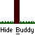 Animated sequence of a yellow figure with white head hiding behind dark brown vertical posts on gray background, green grass at base.