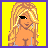 Pixel art of a blonde woman with sunglasses, white top, pink shorts, and striped sandals on yellow background.