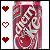 Animated red bottle with white script and green accents, featuring three heart icons on the left side that alternate between solid and outlined states.