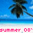 Pixelated beach scene with palm trees, blue sky, and white sand; pink text 'summer 08' appears in the center.