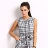 Pixelated image of a person wearing a sleeveless gray patterned top with a hand on the hip, dark hair, and a light background.