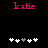 Pixelated pink text 'katie' above two of white and gray plus signs on black background