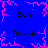 Blue background with pink pixelated border and central starburst, text 'Ion' and 'Rocks' repeated in black block letters.