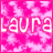 Pixelated pink camouflage background with white text 'laura' in three variations across four , one empty gray