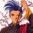 A pixelated contact sheet showing two frames of an animated buddy icon featuring a character with spiky blue hair and orange clothing against a black background with white text.