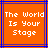 Two identical orange squares with blue and purple borders display white pixelated text reading "The World Is Your Stage" in three lines