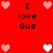 Red background with pixelated hearts and text reading "I love Gus" in black, featuring animated heart color changes.