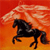 A black horse in mid-gallop against a gradient background of red and orange hues with a light streak across the upper portion.