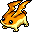 Pixelated orange and yellow creature with blue eyes, striped tail, and four legs in two poses against white background.