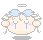 Pixelated angel icon with blue hair, pink cheeks, and a light dress holding two round objects, shown in four animation frames.