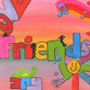 Pixelated graphic with colorful text spelling 'friends' over a pink gradient background, featuring musical notes, a rainbow, and a turtle.