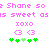 Pixelated pink text and symbols on white background, with green clover-like shapes at bottom.