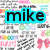 Animated icon with cyan background displaying black text 'mike' over a of colorful pixelated patterns and repeated bow shapes