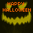 Pixelated orange text 'HAPPY HALLOWEEN' above a yellow jack-o'-lantern face with jagged teeth on dark background.