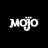Pixelated white text 'mojo' on black background with visible dithering and partial pixel loss.