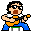 A 5x5 contact sheet of pixel art frames showing a cartoon character playing an orange electric guitar with blue pants and white shirt, arranged in chronological order across sampled animation frames.
