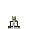 Pixel art contact sheet of six animated frames showing a character at a desk with changing speech bubbles and text, all labeled "ICON WHORE" below the character.
