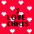 Red background with white pixelated hearts and black text reading "I LOVE CHRIS" in four quadrants, with partial pixelation on letters.