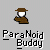 Pixelated character with brown fedora and brown jacket, white face, standing against gray background with "ParaNoid Buddy" text below.