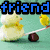 Pixelated image with four distinct sections: top-left shows a yellow duck on a seesaw, top-right has red text over two figures, bottom-left features a green cartoon character, and bottom-right is blank.