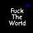 Pixelated text 'Fuck The World' in four quadrants with blue pixelated symbols above each quadrant on a black background.