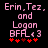 Pixelated text and symbols on black background with pink and red elements, showing two side-by-side identical frames of 'Erin, Tez, and Logan BFAL<3' followed by five red stars.