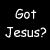Static pixel art displays 'Got Jesus?' in white blocky text on a black background with visible dithering.