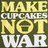 Pixelated text-based icon with layered yellow and white lettering on a dark green background, reading "MAKE CUPCAKES NOT WAR" in blocky capital letters.