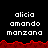 Pixelated text displays 'alicia amando manzana' in white over black with red jagged border; lower section shows partial gray area.