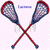 Two lacrosse sticks crossed in an X shape with red handles and blue-and-red mesh heads on a light background.
