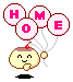 Animated pixel art contact sheet showing four frames of a cartoon character holding pink 'HOME' balloons with subtle pose and shadow differences across frames.
