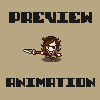 Pixel art character with brown hair holding a silver sword, displayed in multiple preview and animation states against beige background.