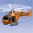 Animated orange helicopter with black accents and white rotor blades against a light blue sky background.