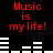 Red text "Music is my life!" appears above white audio equalizer bars on a black background, with the equalizer bars changing shape across frames.