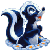 Pixelated blue and white cartoon character with a large head, raised arm, and orange accents on a white background.