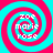 Four identical spiral patterns with cyan and magenta rings, each containing white text reading 'zoe marie rose' in a pixelated font on a solid cyan background.