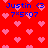 Red background with pink pixel hearts; blue text "Justin <3 7x5x07" repeated four times in a pattern