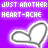 Purple background with repeated white outlined hearts and text 'JUST ANOTHER HEART-ACHE' in pixelated font, some frames showing red line through 'HEART-ACHE'.