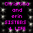 Pixelated text displays 'Christina and erin SISTERS 4 LIFE' in bright pink on a black background with white speckles, repeated twice side-by-side.