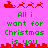 Pixelated holiday-themed icon with pink background, red sleigh and reindeer, green text reading "All i want for Christmas is you", and red cityscape border.
