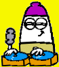Pixelated character with purple beanie and glasses operates blue turntables on yellow background, showing two sequential expressions.