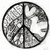 Black and white pixelated circular icon with a peace symbol design, featuring a stylized globe pattern within the symbol's sections.