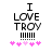 Black text "I LOVE TROY" above vertical lines and pink hearts on white background.