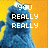 Blue puppet with black mouth and white eyes on yellow background, displaying text in four