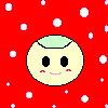 Pixelated circular character with light green hair on red background with white snow-like dots, showing multiple facial expressions.