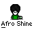 Pixelated character with black afro hair and green shirt holding a green object, with text "Afro Shine" below, showing animation changes in head position and facial features.
