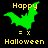 Green bat-shaped pixel art with yellow text 'Happy' above and 'Halloween' below, displayed in three distinct poses on a black background.